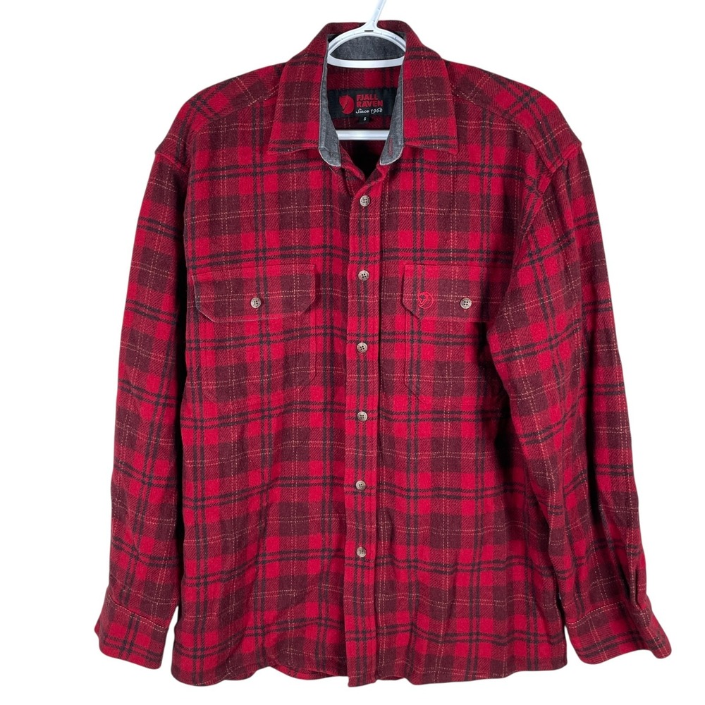 Fjallraven Flannel Shirt Mens S Red Plaid Wool Blend Button Up Outdoor